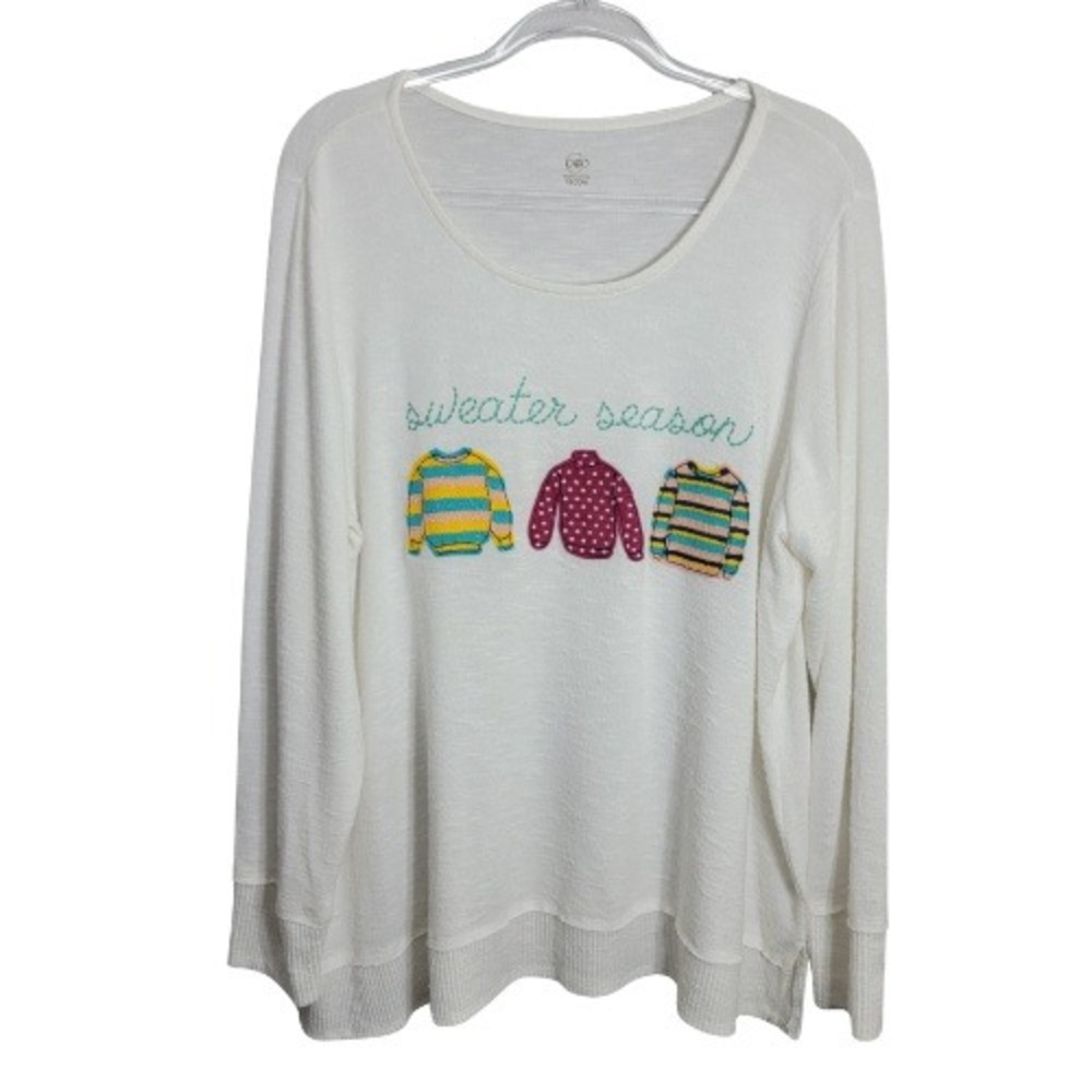Cato Womens 18/20W Sweater Season Graphic Long Sleeve Top White Scoop Neck